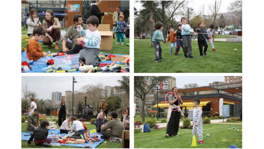 Children and adults playing in a park.